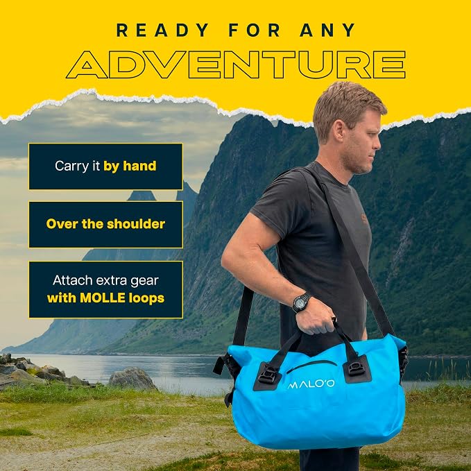 Malo’o Waterproof Dry Duffel, Heavy-Duty Roll Top Waterproof Gear Bag with Shoulder Strap & Molle Loops, Marine Duffel for Kayaking, Boating, Camping, Beach & Travel, Blue, 40L