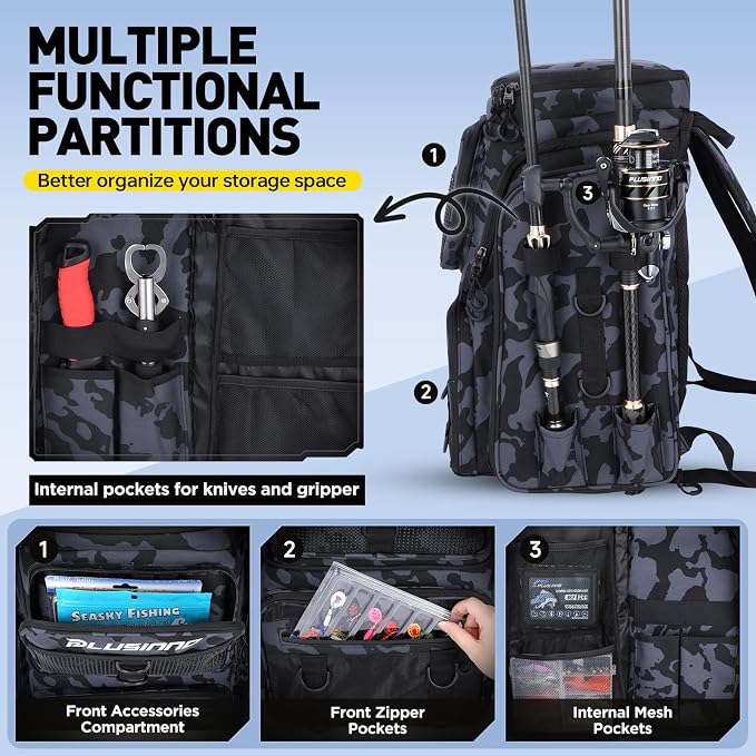 PLUSINNO Fishing Tackle Backpack with Rod Holders，42L Water-resistant Fishing Bag Store Fishing Gear,Fishing Gifts For Men.