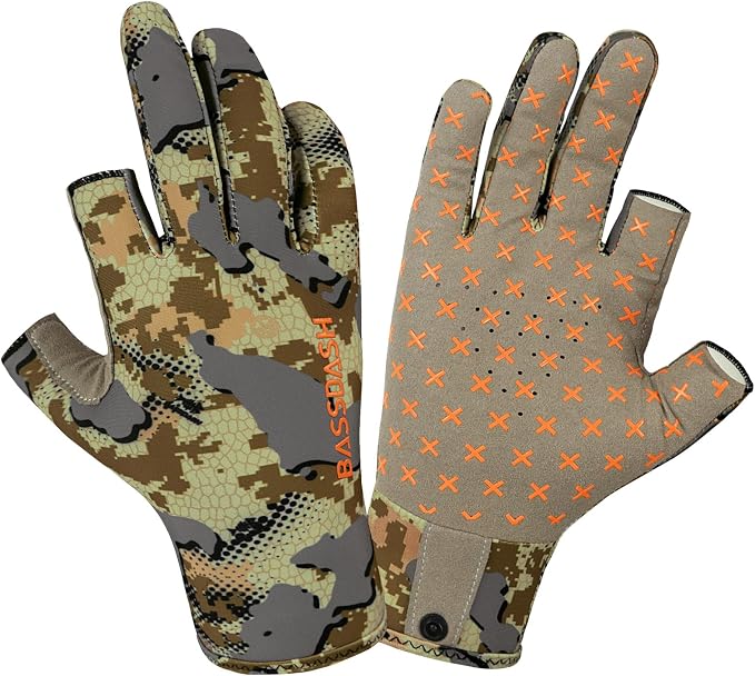 BASSDASH Unisex Fingerless Camo Hunting Gloves for Men's Women's Early Season Warm Weather UPF 50+ Lightweight Fishing Photography HG03
