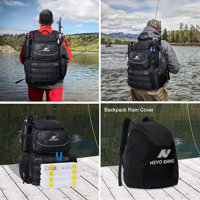 N NEVO RHINO Fishing Tackle Backpack with Rod Holders, 40L Large Fishing Bag with Waterproof Rain Cover,Outdoor Tackle Bag