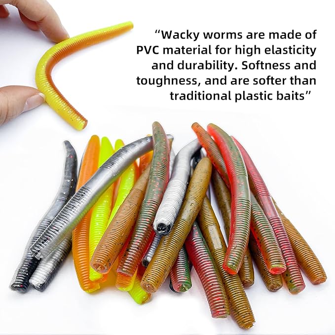 5.5" and 4" Wacky Worms Soft Fishing Lures Worm Soft Plastic Bass Baits Mixed Kit Plastic Worm Stick Baits for Freshwater Saltwater