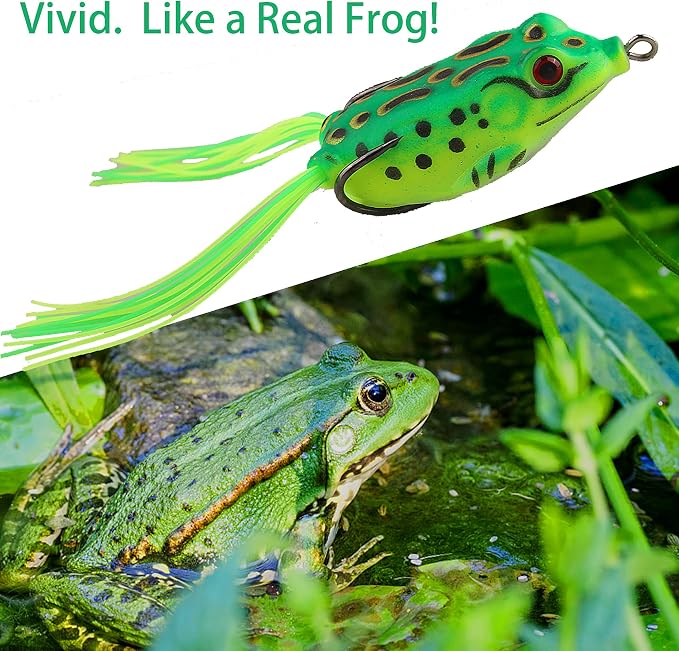 5PCS Topwater Frog Lures Set with Box, Realistic Soft Hollow Body Fishing Lures for Bass Snakehead Pike Bowfin, Weedless Freshwater Simulated Frog Baits