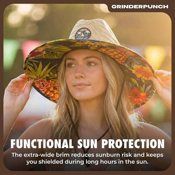 grinderPUNCH Lifeguard Hat Mens Straw Sun Hat for Outdoor American Flag USA Patriotic Straw Beach Fishing Straw Hat for Men