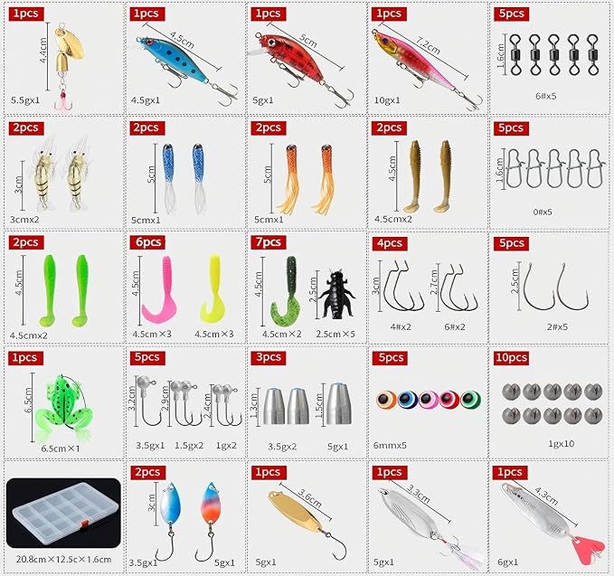 Fishing Gear Fishing Lures Set, Multi-Piece Tackle Kit with Crankbaits, Spoon Lures, Spinner Baits, Hooks, Sinkers and Various Lures for All Water Layers, Bass Trout Freshwater Saltwater Fishing