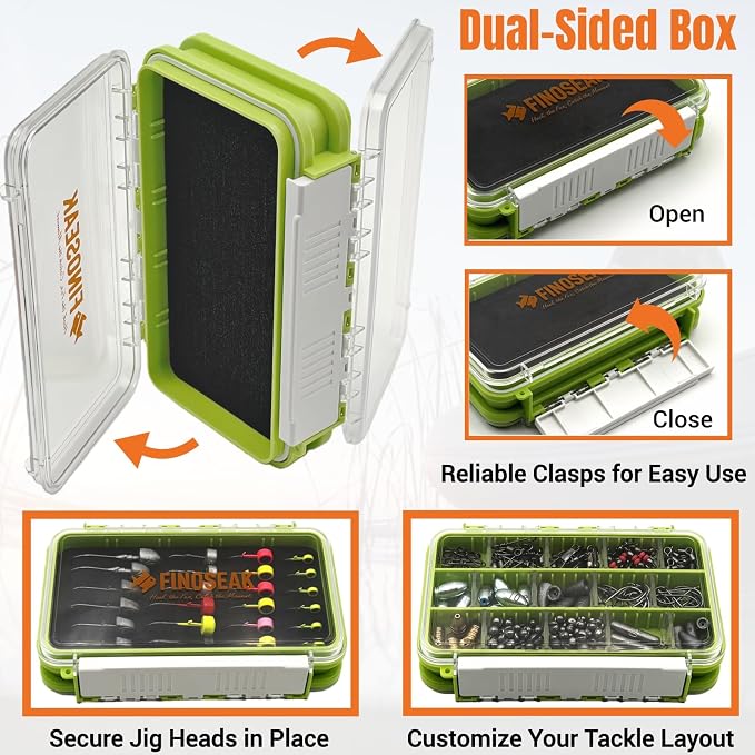 Sturdy Dual Sided Small Tackle Box Organizer, Waterproof Sealed Clear Fishing Tackle Box Tray Storage Case with Slit Foam for Jig Heads-Flies-Spoons-Rigs and Lures (FN0801)