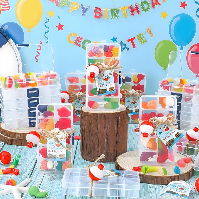 Wonderjune 12 Sets Fishing Party Favors Candy Little Tackle Boxes with Red White Floater Thank You Cards for Making My Reel Fishing Theme Party Decorations