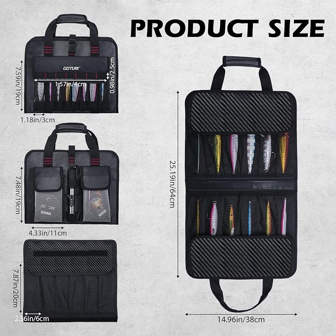Goture Fishing Jig Bag,34 Mesh Pockets Portable Water-Resistant 600D PU Fishinig Lure Bag Saltwater Freshwater,Detachable Compartment, Suitable For Vertical Jig Slow Pitch Jigging Bait Tackle Storage
