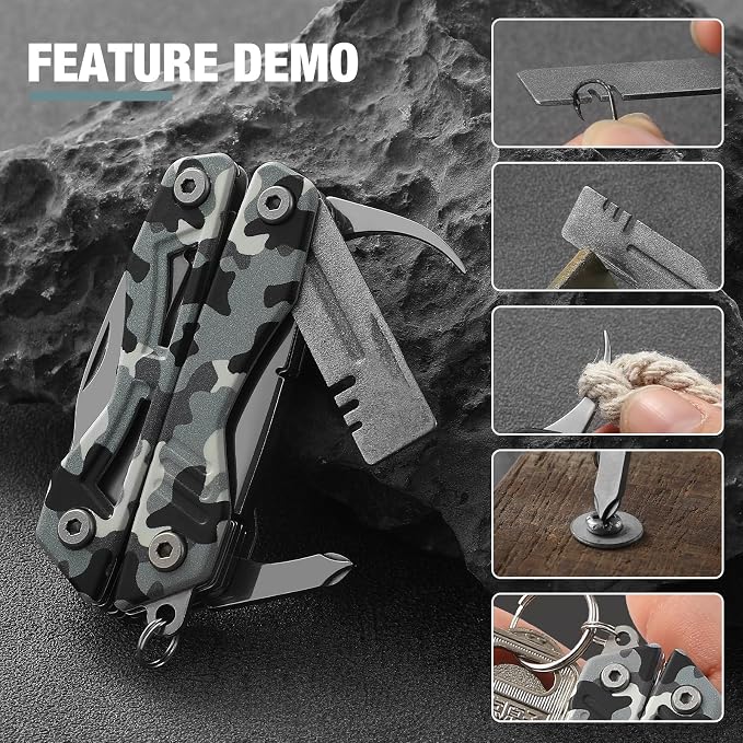 VIRENKNIFE Mini EDC Multitool,13-in-1 Stainless Steel Multi Tool Pliers with Pocket Knife,Bottle Opener，Screwdriver，Perfect for Camping, Outdoor and Everyday Use,Gifts for Men Dad（Camo）