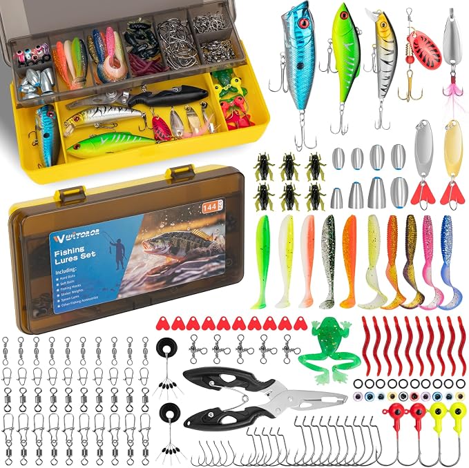 WITOROR Fishing Lures, Tackle Box with Tackle Included, Crankbaits, Spoon, Hooks, Weights & Other Accessories, Fishing Bait Lure Gear Kit Gifts for Men Bass Freshwater