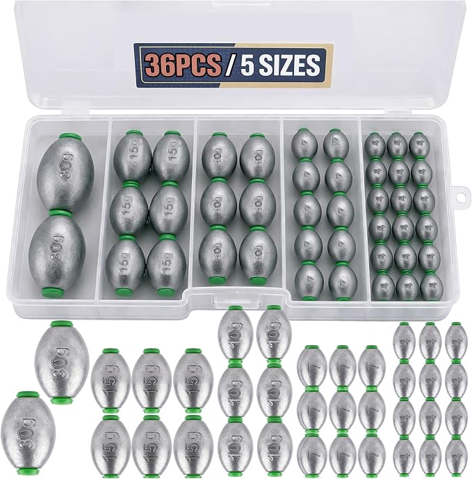 5size 36pcs/52pcs Egg Weights Kit – Slip Sinkers Assortment 1/8oz–1oz, Options, Fishing Weights Smooth Plastic‑Lined Large Bore, Partitioned Tackle Box, Fishing Weights for Shore & Boat