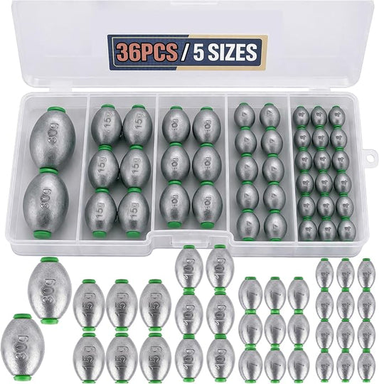 5size 36pcs/52pcs Egg Weights Kit – Slip Sinkers Assortment 1/8oz–1oz, Options, Fishing Weights Smooth Plastic‑Lined Large Bore, Partitioned Tackle Box, Fishing Weights for Shore & Boat
