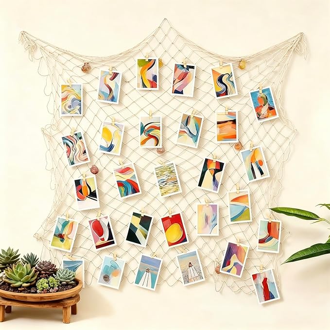 Patioland Decorative Fishing Net 2 Pack, 80x40 Inch Large Beige Fish Net Decor for Wall, Photo Display, Nautical Mermaid Pirate Ocean Themed Beach Hawaii Under the Sea Party Decorations