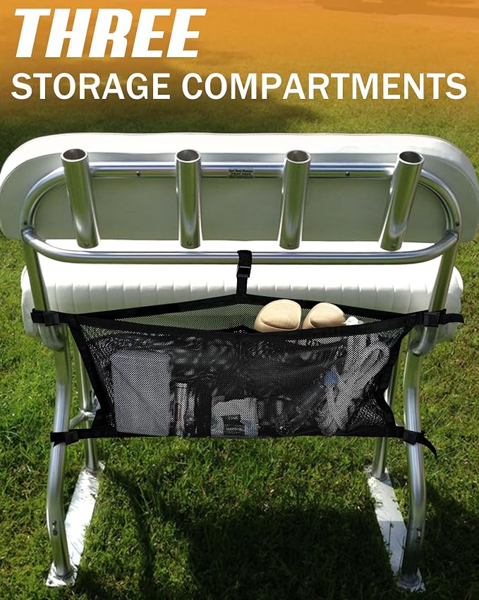 PLOZANO Boat Storage Bag with 3 Divisions, Adjustable Organizer, Mesh Tackle & Life Jacket Holder, Suspended Net for Leaning Post (24 INCH)