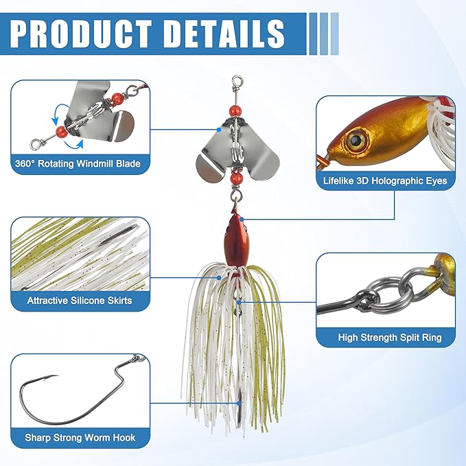 Spinnerbait Fishing Lures Kit - 6/12pcs Bass Fishing Buzzbait Lures Spinner Baits for Bass Trout Pike Salmon Multicolor Swimbait Buzz Bait Metal Spinner baits Swim Jigs Freshwater Saltwater