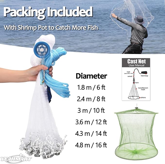Yeahmart American Saltwater Fishing Cast Net for Bait Trap Fish 3ft/4ft/5ft/6ft/7ft/8ft/9ft/10ft Radius Casting Nets with Heavy Duty Real Zinc Sinker Weights, 3/8inch Mesh Size