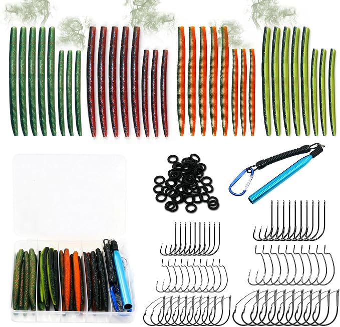 Wacky Rig Kit for Bass Fishing 143/171PCS Soft Plastic Wacky Worms (4in & 5in) Weedless Wacky Rig Hooks & Tool O-Rings, Bass Trout