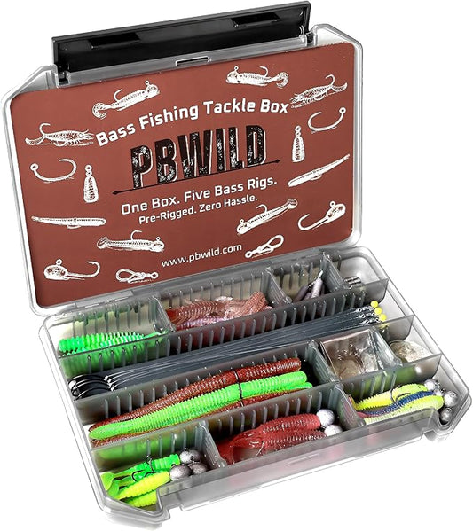 59Pcs Bass Fishing Tackle Box Kit, 5 Rig System Pre-Rigged Rock-Fishing, Jigheads, Neko, Wacky, Dropshot Rigs, Fishing Gifts for Men, Assorted Kit