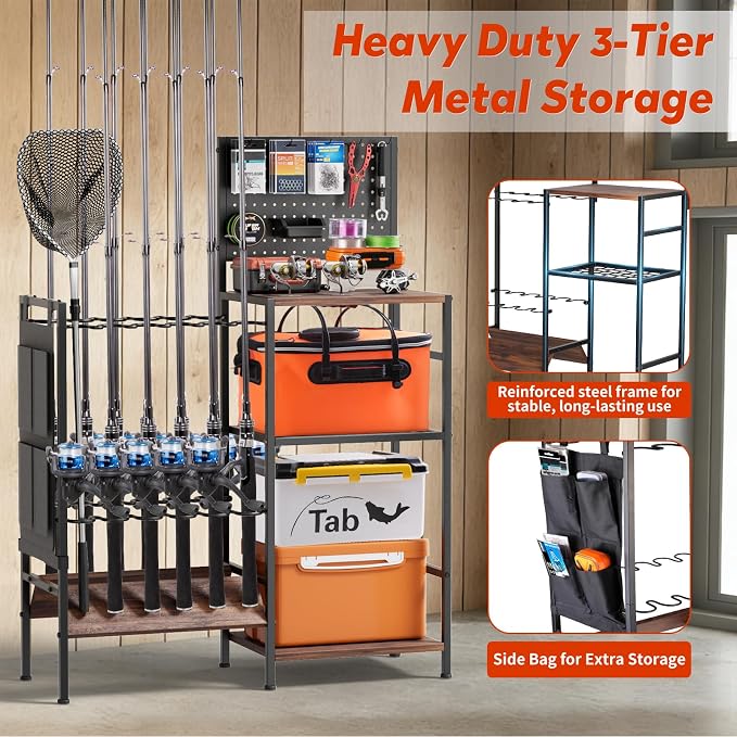 XOOL Fishing Rod Storage Rack for Garage, Holds up to 12 Rods, Heavy Duty Fishing Gear Organizer with Pegboard, 3-Tier Metal Stand with Shelves, Hooks & Accessory Storage