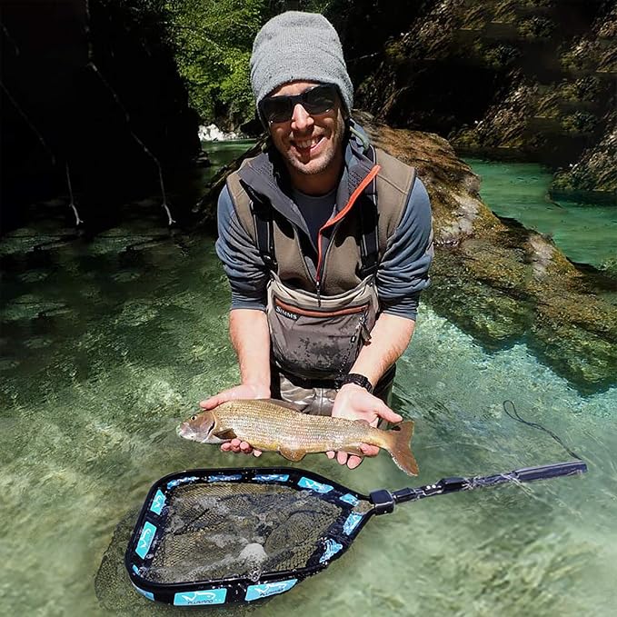 PLUSINNO Floating Fishing Net for Steelhead, Salmon, Fly, Kayak, Catfish, Bass, Trout Fishing, Rubber Coated Foldable Landing Net with Fixed or Telescoping Pole Handle, Fishing Gear and Gifts for Men