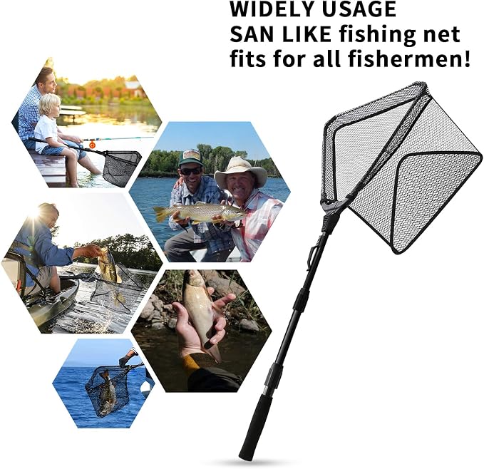 SAN LIKE Fishing Net Fish Landing Net Collapsible Fish Net with Anti-Slip Telescoping Rubber Pole Handle for Kids Adults in Saltwater Freshwater Multi-Size Extending to 37/42/43/51/69/71/89/98inch
