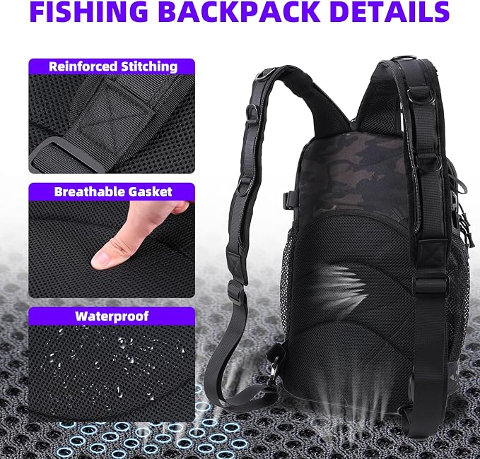 Jaylene 16.5Inch Fishing Backpack with Tackle Boxes, Fishing Backpack with Rod Holder, Waterproof Sling Tackle Bag For Gear With Lures, Pliers, Fish Lip Gripper Gifts for Men（103PCS Tool Kit）