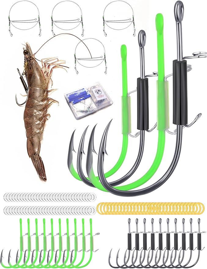24Pcs Live Shrimp Hooks Saltwater Fishing Hooks - 3X Strength Stainless Steel Steel Wire Rig Accessories Ready to Use 2 Sizes Rubber Bands Freshwater