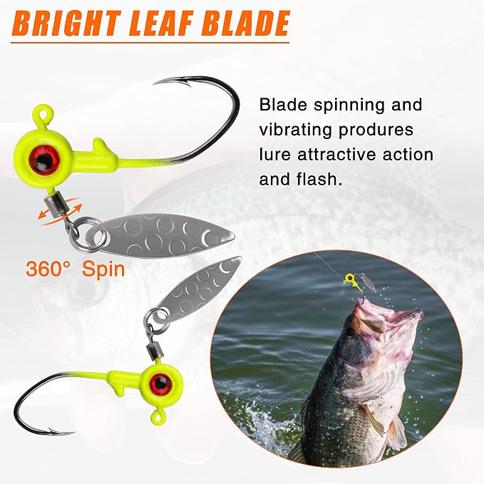 Crappie Jig Heads Fishing Lures Kit, 15pcs Underspin Jig Heads with Spinner Blade Crappie Lures Eye Ball Head Painted Fishing Jigs for Bass, Trout, Panfish, Sunfish