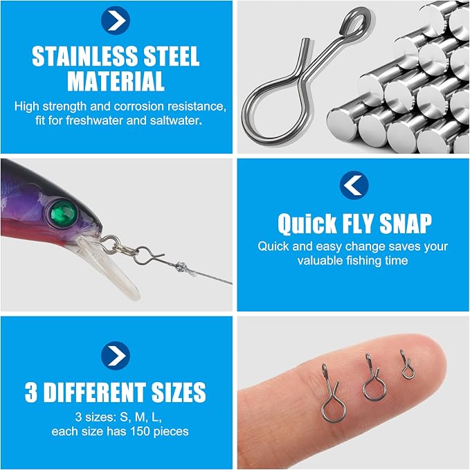 Quick Fly Fishing Snaps, 150pcs No Knot Stainless Steel Snaps Fast Change Connect Clips Lure Connector Tackle for Flies Hooks Jigs Lures