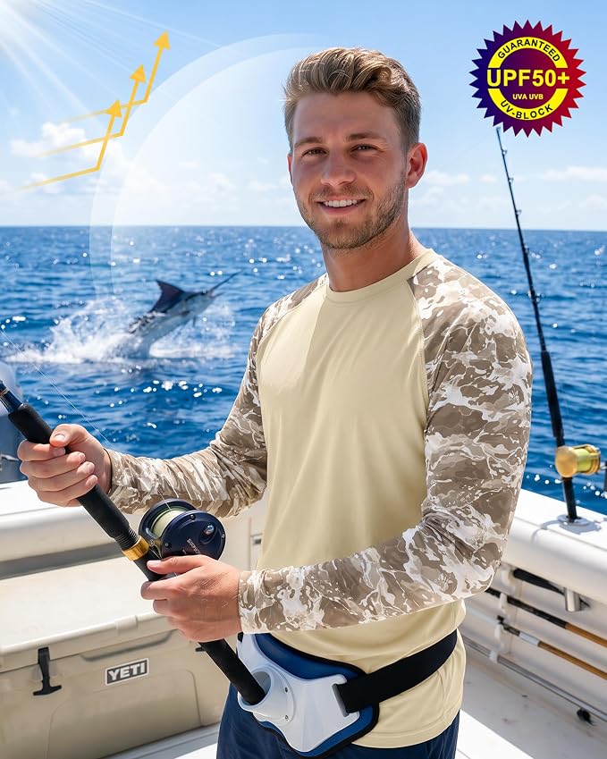 FISHEAL Men's Long Sleeve Fishing Shirts, UPF 50+ Camo Sun Protection Rash Guard, UV Shirt for Swimming Hunting Outdoor