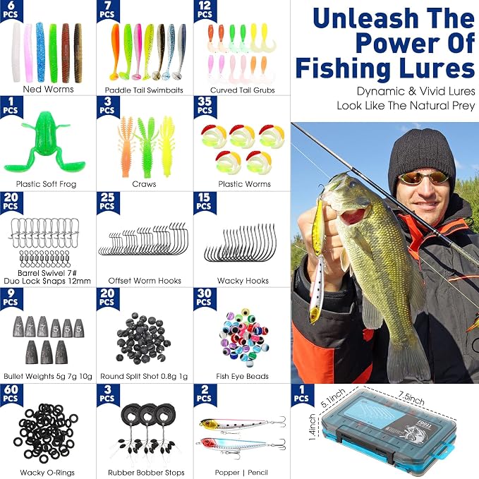 RoundFunny 256 Pcs Fishing Backpack with Tackle Box Gears, Tackle Sling Bag Backpack, Fishing Hook, Lures, Retractable Landing Net, Plier, Lip Gripper, Hook Remover, Fish Gift Men