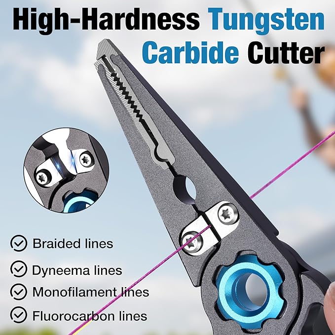FLISSA Fishing Pliers, Safety Lock Design Fish Pliers Saltwater, Aluminum Hook Remover, Titanium 6Al-4V Jaw and Tungsten Carbide Line Cutters, Sheath & Lanyard, Fishing Gear Gifts for Men