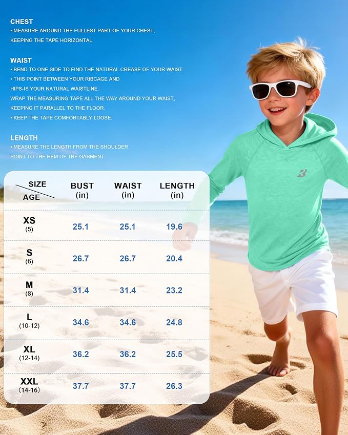 Roadbox Boys Rash Guard Hooded Fishing Shirt, Kids UPF 50+ Long Sleeve Sun Hoodie, Youth UV Protection Beach Swim Shirts