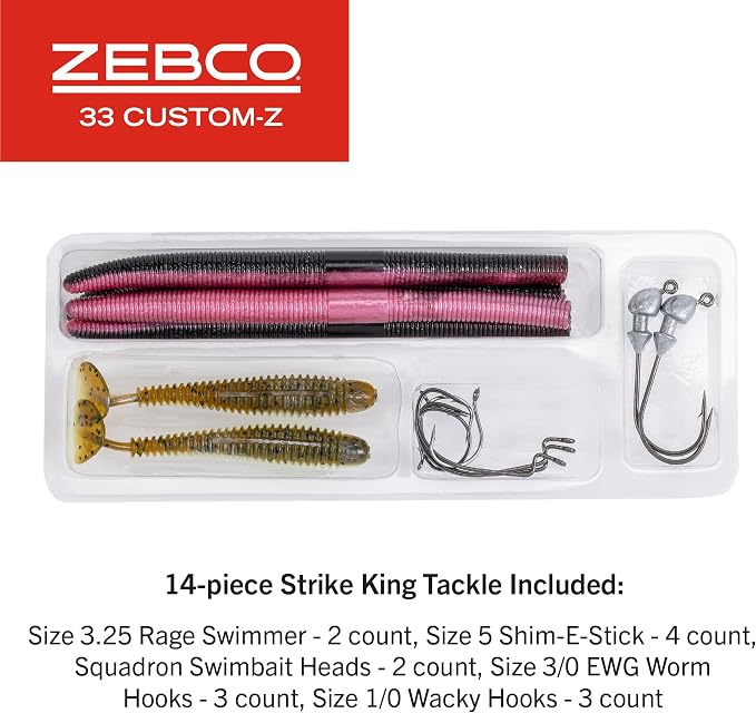 Zebco 33 Custom-Z Spincast Reel and Fishing Rod Combo, Telescopic Rod, 4.1:1 Gear Ratio, 14-Piece Strike King Tackle Kit