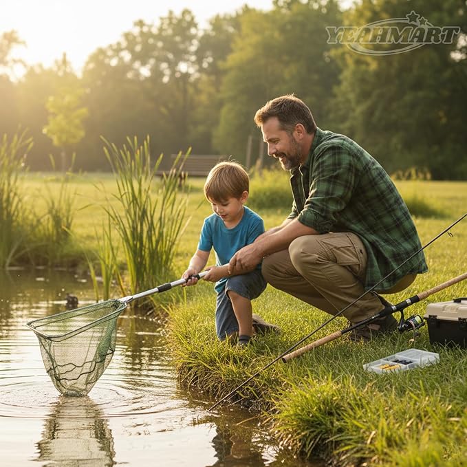 Yeahmart Fishing Landing Net with Telescopic Aluminum Handle Pole, Collapsible Nylon Mesh Minnow Fish Net for Saltwater & Freshwater, Portable Fishing Gear for Kids, Men, Women, Extends 21-75 Inches