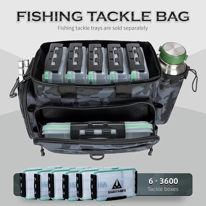 Ghosthorn Fishing Tackle Bag with Rod Holder Saltwater & Freshwater Resistant Tackle Box Bag - Adjustable Padded Shoulder Strap (Black Camouflage)