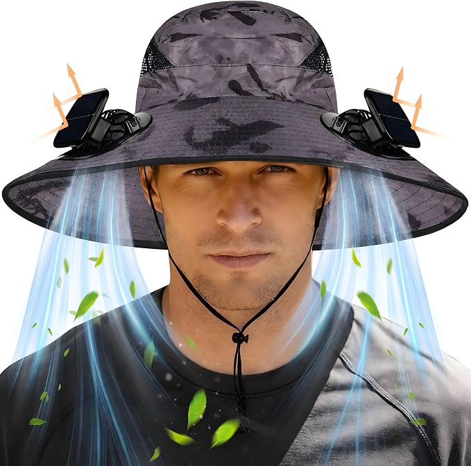 Wide Brim Sun Hat with 2 Solar Fans, UPF 50+, USB Charging for Fishing, Hiking, Beach | Solar Power Hat