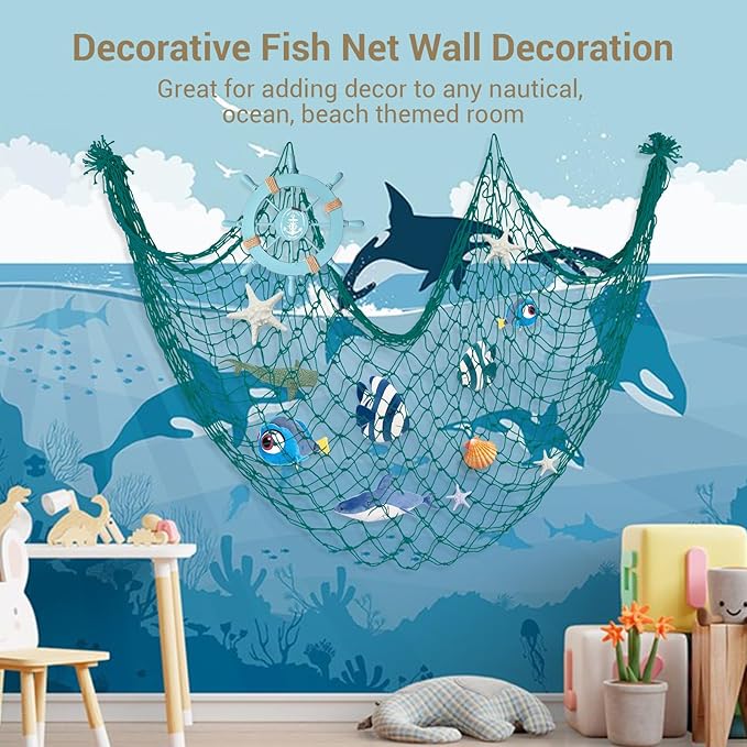 10x5 Feet X-Large Decorative Fishing Net for Party - 2 Pack Aqua Fish Net Decor Mermaid Net Under The Sea Hawaiian Party Decorations, 3mm Natural Cotton Nautical Netting Wall Table Ocean Beach Decor