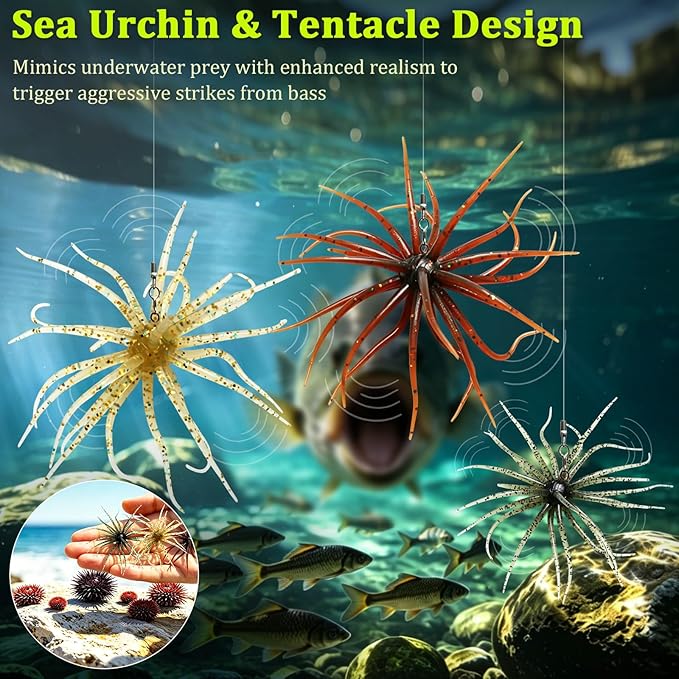 6 Pcs Fuzzy Dice Fishing Lure, Dice Baits for Bass Fishing Soft Tentacle Creature Lure with Reflective Glitter Sea Urchin Bait for Multiple Rigs, Slow Sinking, Freshwater/Saltwater