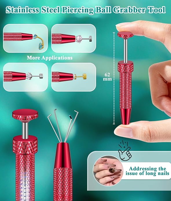 Upgraded Anti-Slip Piercing Ball Grabber Tool with Ergonomic Design for Changing Jewelry, Stainless Steel Jeweler Pick Up Tool 4 Claw Gem Piercing Changing Tool Body Piercing Kit for Ear Nose Lip