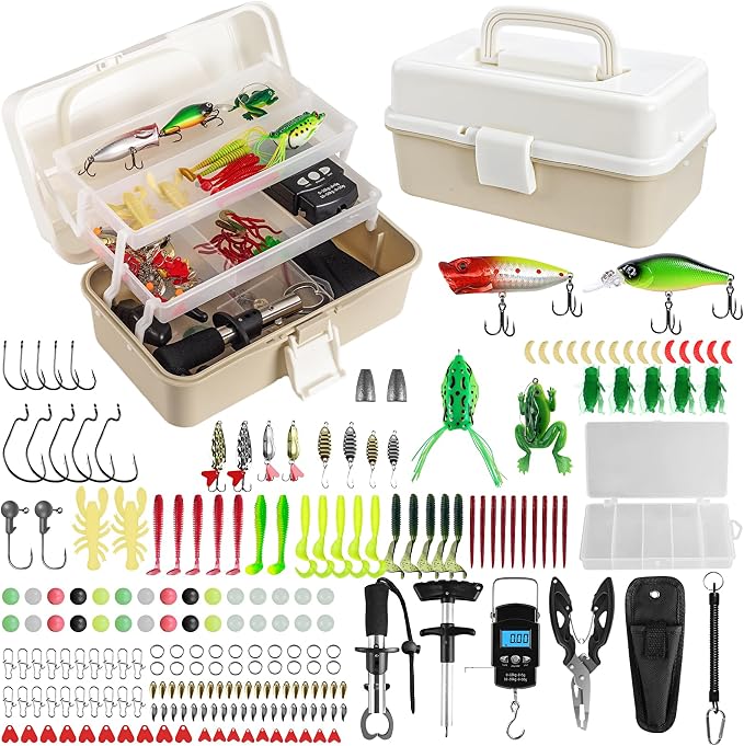 Layers Fishing Tackle Box, 213Pcs Fishing Lures Kit with Small Fishing Tool Kit Containing Weights Scale, Lip Clip, Hook Remover, Fishing Accessories, Fishing Gear for Beginners, Kids, Men, Adults