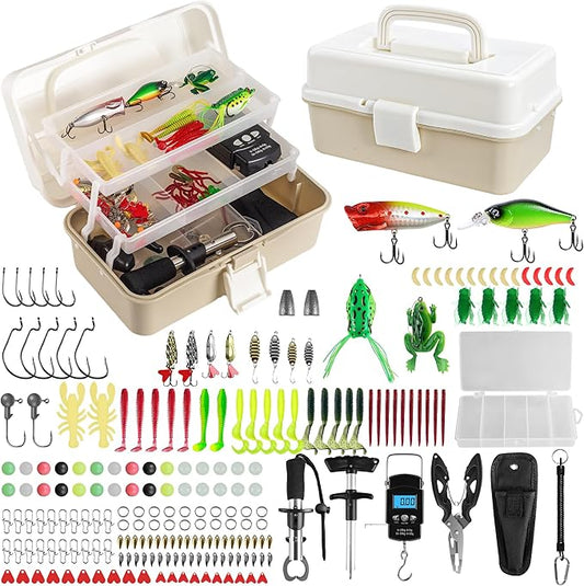 Layers Fishing Tackle Box, 213Pcs Fishing Lures Kit with Small Fishing Tool Kit Containing Weights Scale, Lip Clip, Hook Remover, Fishing Accessories, Fishing Gear for Beginners, Kids, Men, Adults