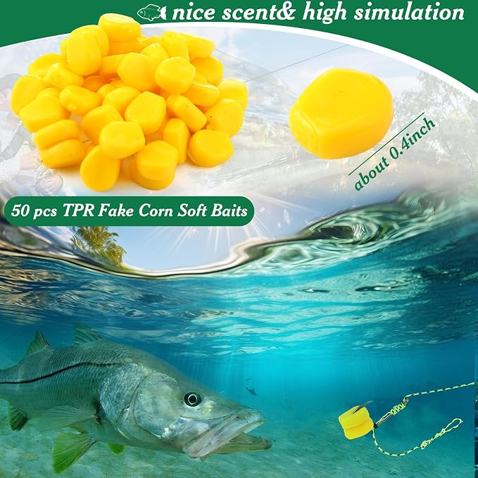 Seenelling 78 Pcs Carp Fishing Hair Rigs Bait Carp Rigs Kit Includes 24 High Carbon Steel Curved Barbed Hook 50 Fake Corn Lures 2 Line Bait Stopper 2 Needle Fishing Equipment Accessories