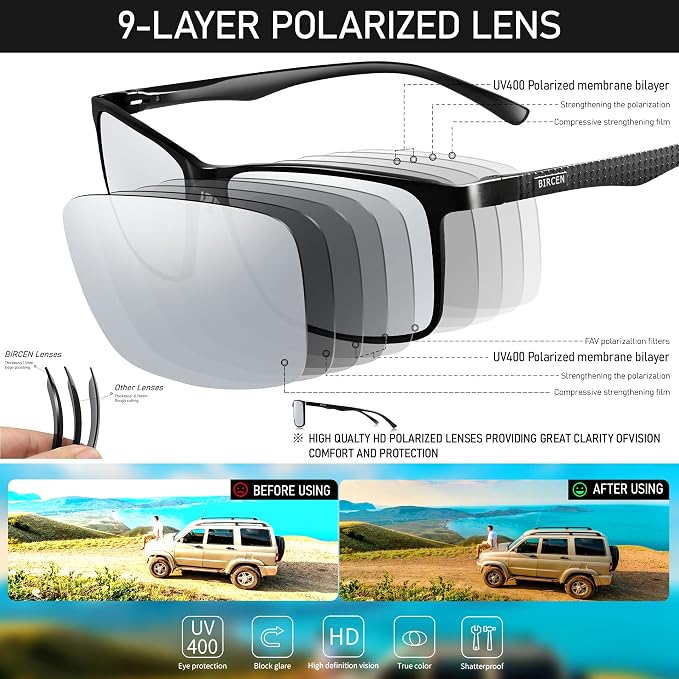 BIRCEN Polarized Mens Sunglasses for Driving: UV Protection Al-Mg Metal Sunglasses Lightweight Shades for Fishing Travel Golf