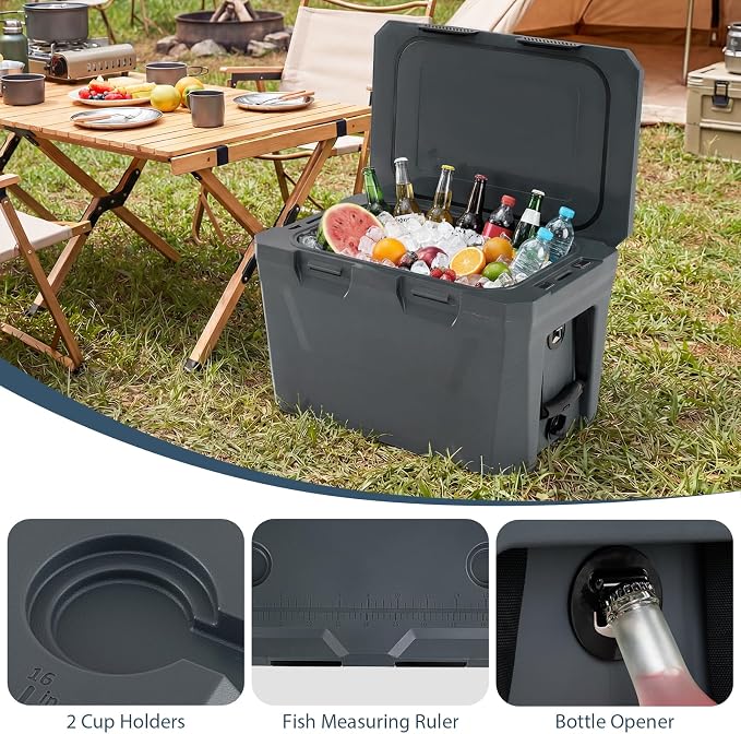 COSTWAY Insulated Portable Cooler, Hard Shell Ice Chest w/ 2 Cup Holders, Bottle Opener, Drain Plug, 3-Day Ice Retention, Outdoor Leak-Proof Dry Box for Beach, Camping, Fishing, Picnic