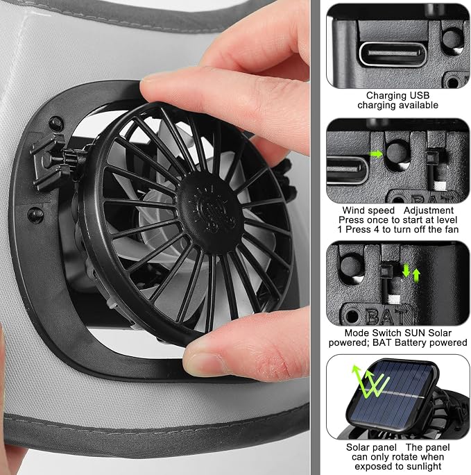 Solar Hat with Fans, Wide Brim Cooling Sun Hat with Removable Dual Fans USB Charging Neck Cover for Outdoor Fishing