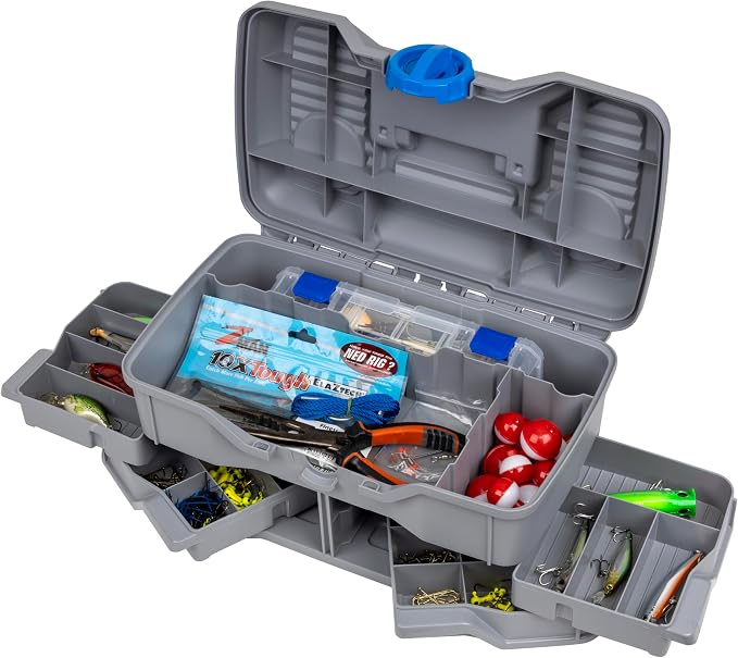 Flambeau Outdoors Next Gen 4/0 Medium Fishing Tackle Box - 4 Pivot Trays, 23 Compartments, Includes 25-piece Tackle Kit, Fishing Tackle and Gear Storage, Fishing Lure Organizer, Light Gray