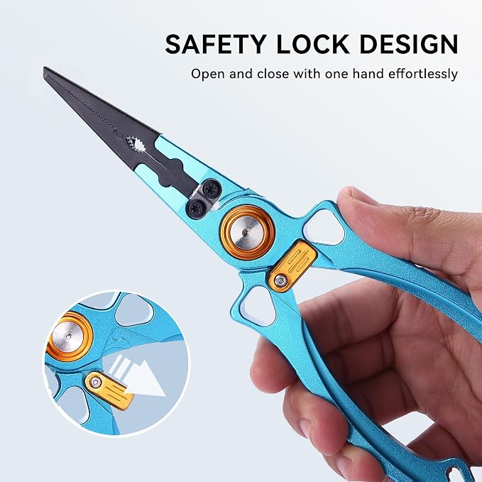 Fishing Pliers Hook Remover, Saltwater Split Ring Pliers with Safety Lock, Fishing Gear with Sheath and Lanyard, Fishing Gifts for Men