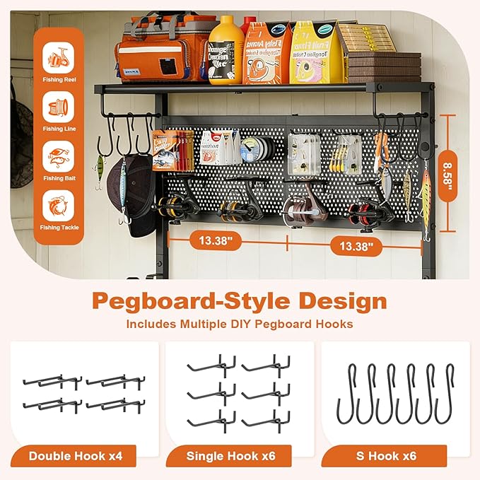 Olakee Wall Mount Fishing Rod Holders, Large Capacity Fishing Pole Holders for Garage Organizer, Horizontal Fishing Pole Rack Holds Up to 6 Rods with Pegboard & Hooks, Ideal Gift for Men Dad Anglers