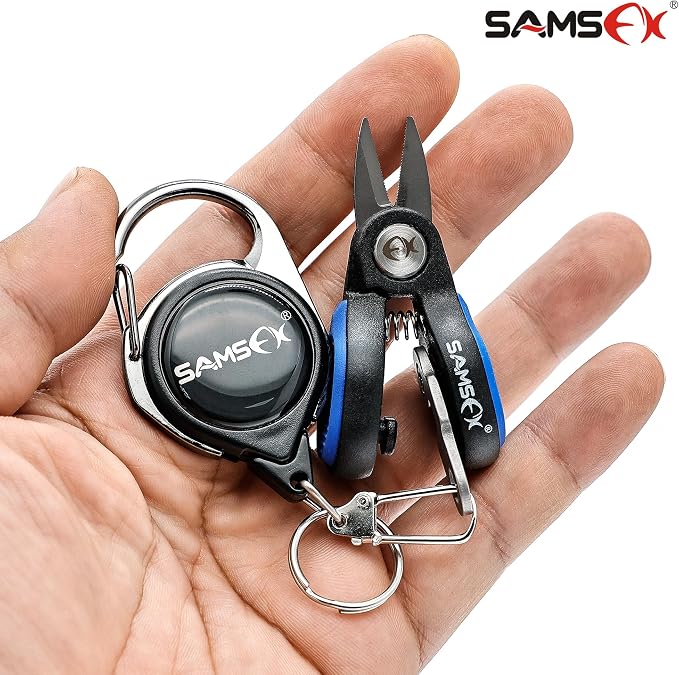 SAMSFX Fishing Nipper with Retractable Tether, Stainless Steel Blades that Cut Braid, Mono and Fluoro Lines, SNIP, Fishing Line Cutters (Blue)
