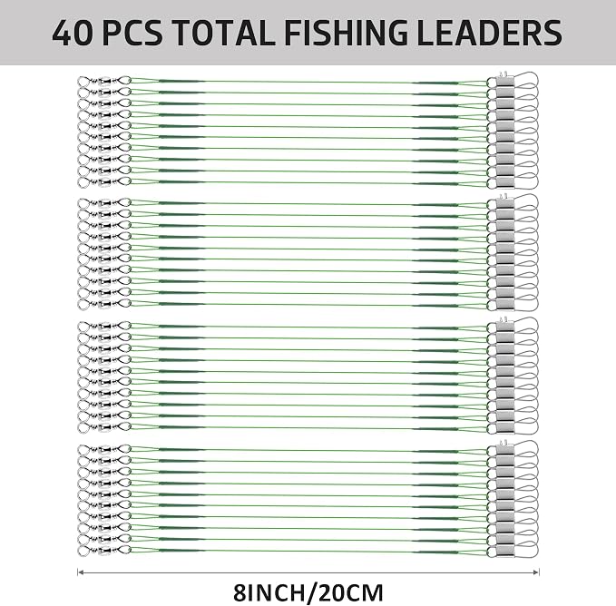 40Pcs Anti-Bite Wire Leaders – Multi-Strand Stainless Steel Fishing Leader Line with Swivel Snap for Lures Bait Rigs Hooks Pike Bass 8in 10in 12in